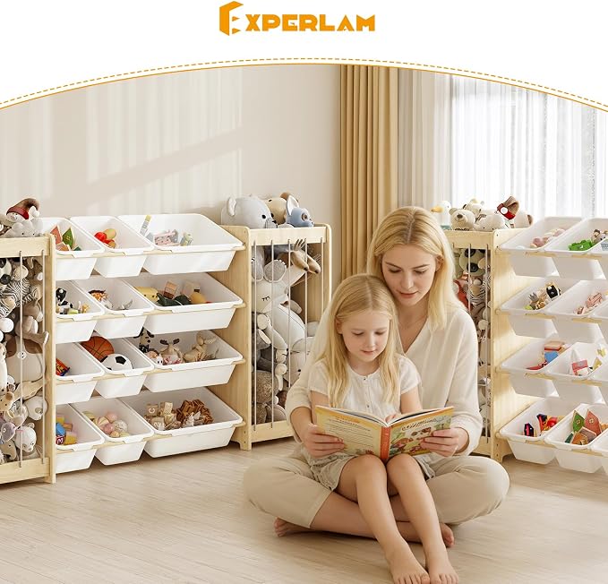 EXPERLAM Large Toy Storage Organizer, Wooden Stuffed Animal Storage & 12-Bins Toy Organizer, Double-Sided Plush Toy Holder Featuring Thicker Ropes, Space Save Playroom Nursery Bedroom Storage, White - Image 9