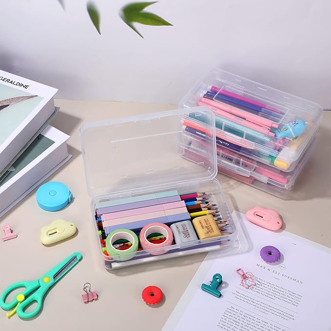 Leelosp 12 Pack Pencil Boxes Bulk, Large Plastic Case,Clear | Stackable Hard Storage Box with Snap Lid for School Classroom, Desk Drawer Organizer, Crayons Markers Kids Supplies - Image 4