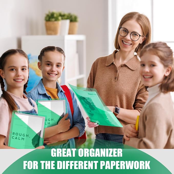 Seajan 48 Pcs Binder Pocket Folders, Clear 3 Ring Binder, Green | Plastic Folders Sleeves with 2 Pockets, Poly Slash File Jackets, 3 Hole Punched Dividers for School, Office, Documents - Image 5