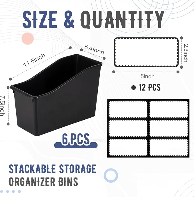 Geetery 6 Pcs Book Bin for Classroom with Labels Stackable Plastic Organizing Bins 11.5 x 5.4 x 7.5 in Book Holders Storage Bins Box Baskets for Classroom Library Home (Black) - Image 2