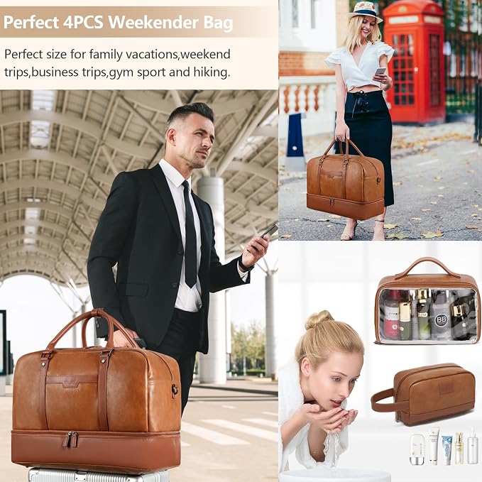 4-in-1 Waterproof Faux Leather Overnight Travel Bag for Women Men | Hospital Gym Weekender Bag Carry On Personal Item Travel Duffel Bags with Shoe Compartment Toiletry Bag Fit 21" Laptop - Image 2