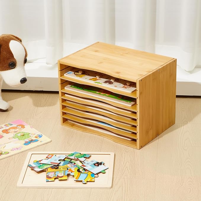 Ripeng 1 Pack Bamboo Puzzle Holder Rack, 7-Tier Adjustable Storage Organizer for Flat and Thick Jigsaw Puzzles, Space Saving Desktop Shelf, Gift for Craft Jigsaw Puzzle Lovers (Natural Wood) - Image 6