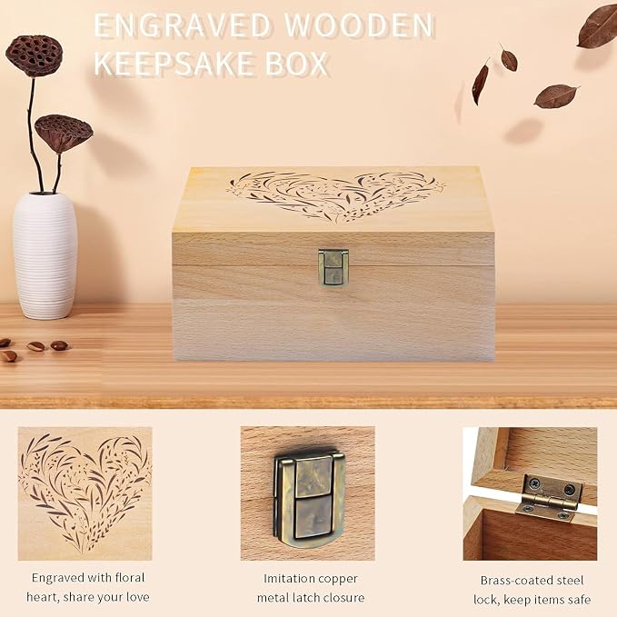 EXISTING Wooden Memory Keepsake Box, Large Keepsake Boxes with Lids | Floral Heart Engraved Memory Box Keepsakes Gift for Anniversary, Wedding, Birthday, Valentines Day, for Office or Home - Image 2