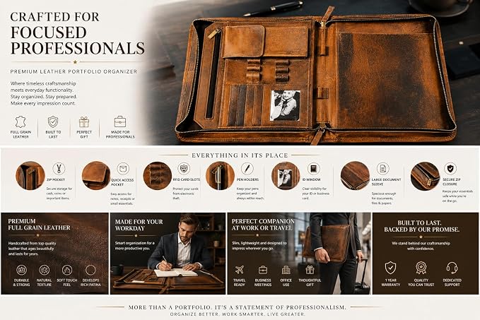 Leather Portfolio Organizer with Zipper for Men Women, Padfolio Business Resume A4/Pad, Folder Organizer, Legal Pad Holder with Card Slots, Zippered Padfolio for Business Documents (Brown) - Image 7