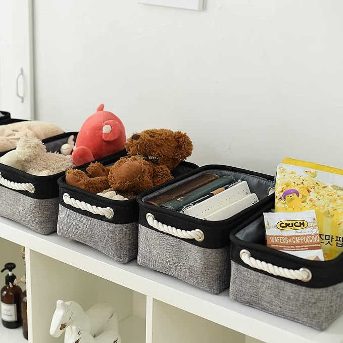Storage Basket for Organizing - 12x8x5.2 inch Small 6 Pack Collapsible Storage Bin for Shelves with Rope, Fabric Storage Cubes for Cloth Gift Toy Decorative Organizer (Black & Grey) - Image 5
