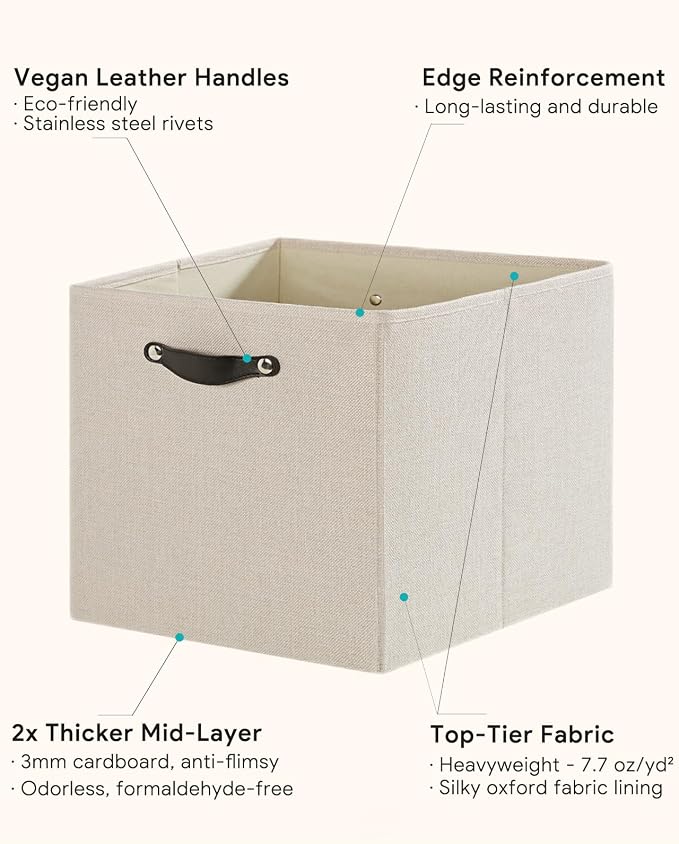 Cube Storage Bins | 11.8"x11.8"x11.8", Beige, 6 Pack | Multi-Size | 2X Thick Support Board | Vegan Leather Handles | 7.7 oz/yd² Fabric | 12"x12" Drawer Insert Basket - Image 5