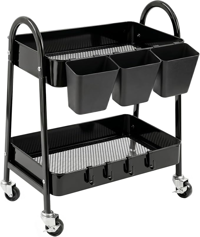 danpinera 2-Tier Rolling Cart, Utility Cart Mobile Metal Rolling Storage Cart with Lockable Wheels & Hanging Cups & Hooks for Kitchen, Bathroom, Office, Workshop, Purple by danpinera