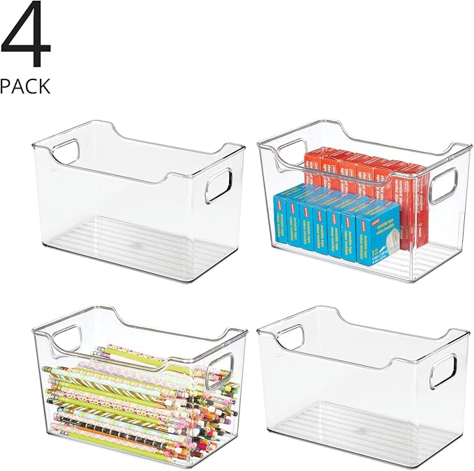 mDesign Deep Plastic Office Storage Bins with Handles for Organization in Filing Cabinet, Closet, or Desk Drawers, Organizer for Notes, Pens, Pencils, and Staples - Ligne Collection - 4 Pack - Clear - Image 2