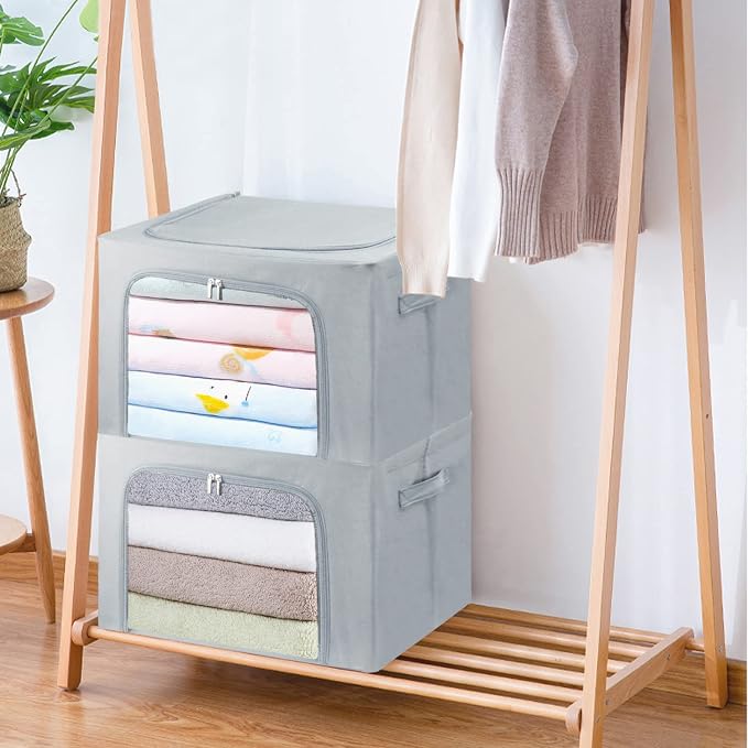 Clothes Storage Box Bins Stackable Foldable Organizer,Sturdy Handles with Metal Frame for Clothing Bedding Shelves,Closet Container with Clear Window Zipper and Label Holder (Gray, 66L x3 Pack) - Image 3