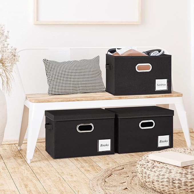 LHZK Extra Large Storage Bins with Lids 6 Pack, Foldable Linen Fabric Storage Boxes with Lids, Sturdy Fabric Storage Bins with Label & 3 Handles for Shelves Bedroom Home Office (Black, Extra Large) - Image 6