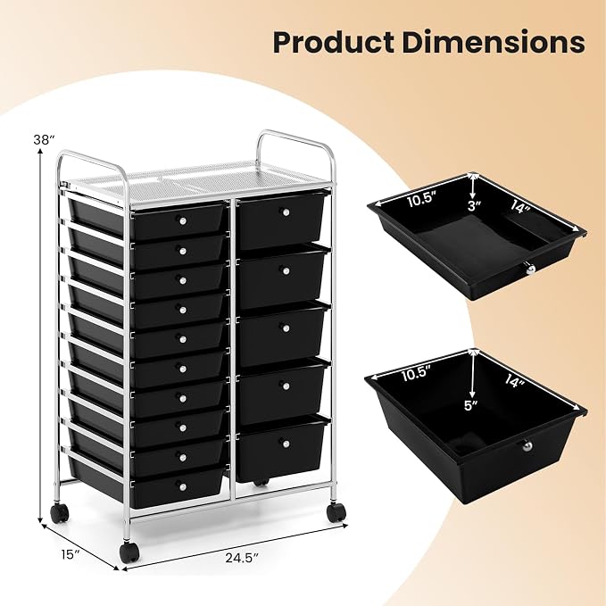 DREAMADE 15-Drawer Rolling Storage Cart, Mobile Craft Cart, Black | Utility Organizer with Lockable Wheels, Removable Plastic Drawers and Metal Frame for Home Office, Classroom and Studio - Image 3