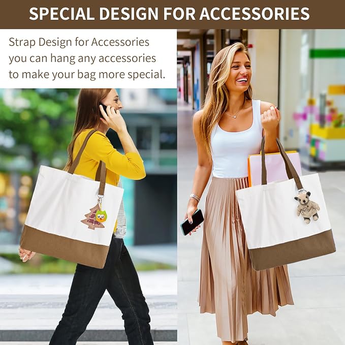 1 Pack Canvas Tote Bag with Zipper, Large Reusable Grocery Tote, Khaki | Blank bag, washable, inner pocket, flat bottom, sturdy handle, for sublimation DIY/transfer, travel/beach/Christmas crafts - Image 2