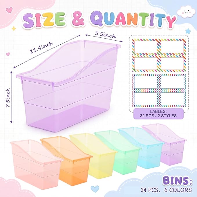Blosssound 24 Set Book Bins for Classroom Stackable,Translucent Pastel | Plastic Baskets with Labels, Slanted Front, Library Supplies Organizers, Desktop Storage Bins, Teachers Home School Use - Image 2