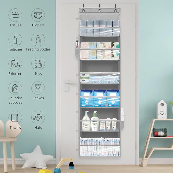 Over Door Organizer with 6 Extra Large Pockets 12 Side Pockets, Sturdy Closet Storage Rack, Hanging Storage Organizer with Clear Window for Shoes, Diapers, Bedroom, Bathroom, Grey - Image 6