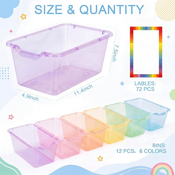 Funrous 72 Pack Plastic Cubby Bins for Classroom, Stackable Storage Bins with Rainbow Labels and Handles Cubby Organizer Containers for Teacher Supplies Home Office Daycare and Playroom (Pastel) - Image 2