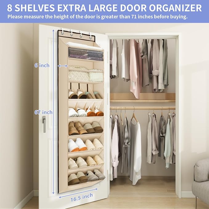 1 Pack Over The Door Shoe Organizer, 8 Shelves Hanging Shoe Organizers, | 68" Exlarge Deep Pockets Shoe Rack for Closet, Shoe Holder for Boots, Sneakers, Heels, Over Door Organizer in Home, RV, Beige - Image 4