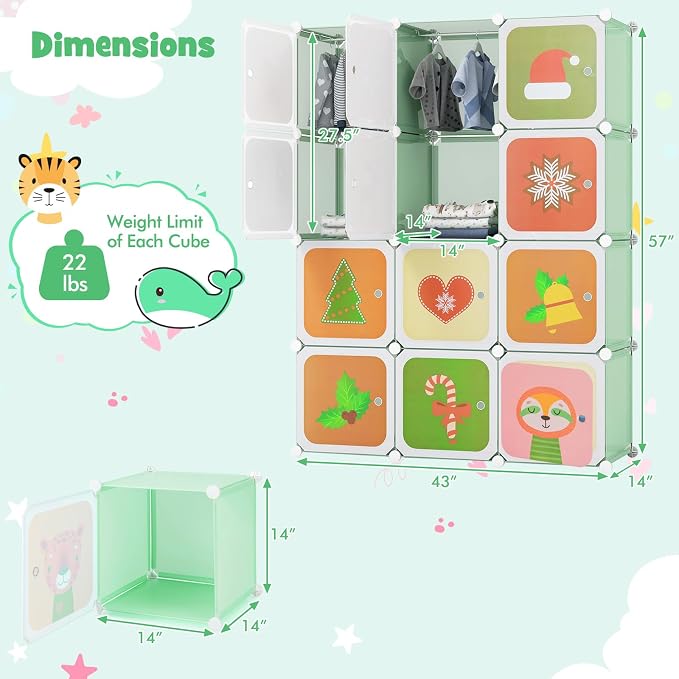 HONEY JOY Kids Wardrobe Closet, Baby Cartoon Clothes Storage Organizer, 12 Cubes & 2 Hanging Sections, Portable Children DIY Modular Bedroom Armoire Dresser Cabinet for Boys Girls (Green) - Image 8
