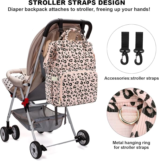 Corduroy Diaper Bag Backpack for Baby Girls Boys, Women Large Nappy Bags for Mom (Pink Corduroy Leopard) - Image 6