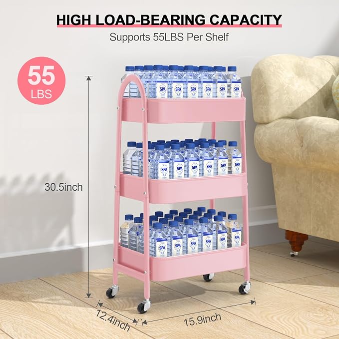 3 Tier Utility Rolling Cart, Metal Storage Cart with Handle and Lockable Wheels, Multifunctional Storage Organizer Trolley with Mesh Baskets for Kitchen, Living Room, Office, Garage (Pink) - Image 6