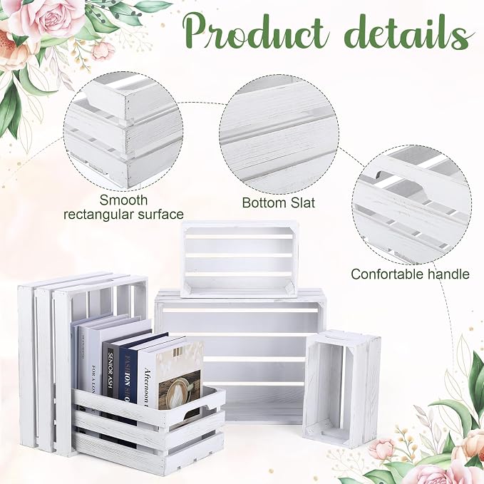 Soaoo 5 Pcs Decorative Nesting Wooden Crates for Storage Display 5 Size Large Small Rustic Wood Decorative Storage Crates with Handle Farmhouse Crate Box Container Made from Pine(Vintage White) - Image 3