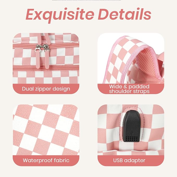 FHELAD Checkered Diaper Bag Backpack with Changing Pad & Stroller Clips | Baby Diaper Bag, Baby Shower Gifts, 4 Insulated Bottle Holders, Wet Wipe Pocket, Luggage Strap - Image 4