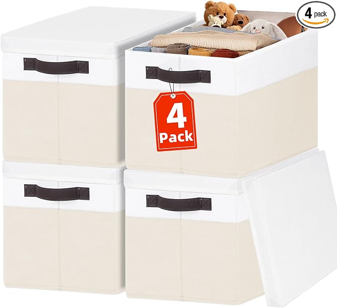 Large Nursery Closet Organizer Bins with Lids 4 Pack - 23 QT Decorative Storage Baskets for Living Room Bedroom Shelf - Stackable Storage Boxes with Lids Handles for Clothes Sweater Book Towel Purse by Criusia