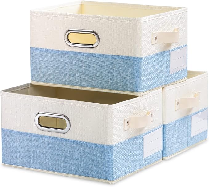 Fodable Storage Bins for Closet [3-pack] Decorative Fabric Storage Baskets Cubes with Leather/Metal Handles for Shelves Bedroom Living Room Blue&Cream (11.5x8.5x6.7 Inch) by Prandom