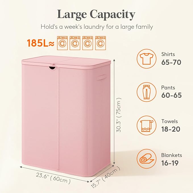 Lifewit 185L 3 Section Laundry Hamper with Lid, Laundry Basket, Pink | Large Foldable Laundry Sorter with 3 Removable Bags, Tall Clothes Hamper for Bedroom and Bathroom - Image 2