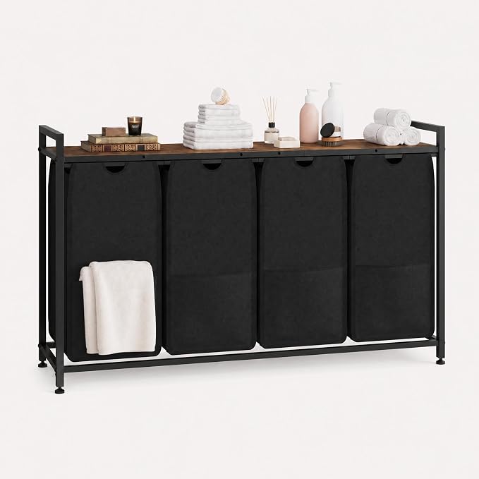 Garvee 194L Laundry Hamper 4 Sections, Rustic Brown + Black | Laundry Basket with Shelf & 4 Removable Bags, Dirty Clothes Basket Organizer for Bathroom Bedroom Room Organization - Image 9