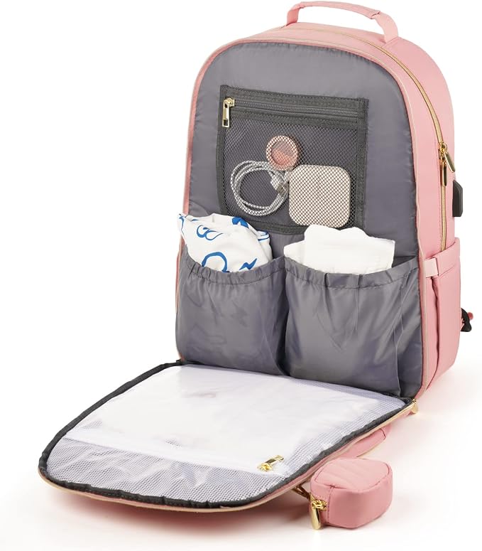 Diaper Bag Backpack, Quilted Baby Bag with Changing Pad & Stroller Straps & Pacifier Case, Large Travel Diaper Bags for Mom Dad, Pink - Image 7