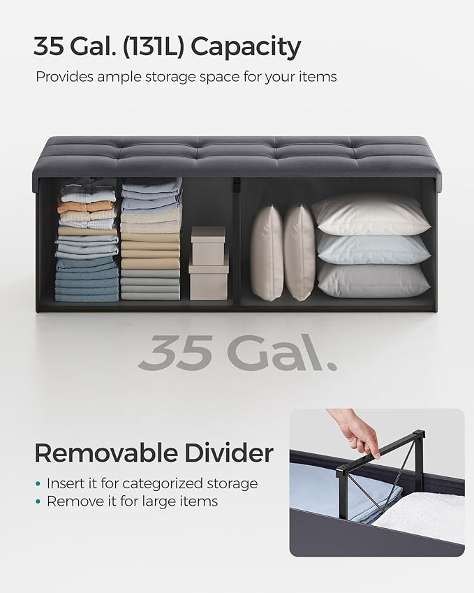 SONGMICS MAZIE Collection - 43 Inches Storage Ottoman Bench with Flipping Lid, Storage Chest with Iron Frame Support, Load 660 lb, for Living Room, Bedroom, Synthetic Leather, Dark Gray ULSF075G01 - Image 7