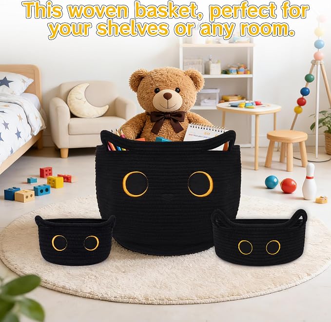 3Pack Black Cat Cute Storage Basket Set for Nursery- Small, Oval, Large Woven Gift Basket, Rope Cotton Bins with Lover Handles, Baby Laundry 0rganizer Shower Towel Blanket Clothes (9/12/15In) - Image 4