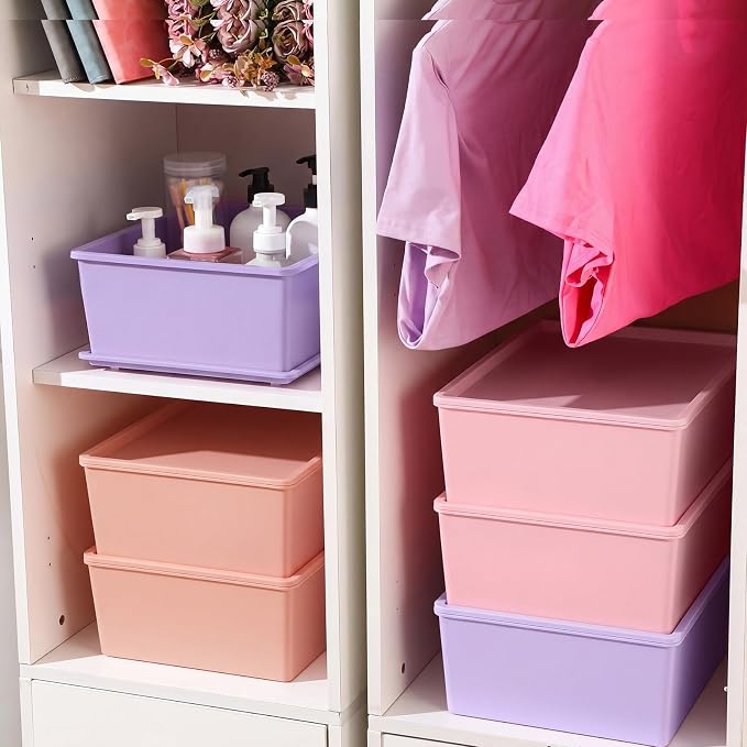 6 Pcs Large Plastic Storage Bins with Lids, Pastel | 14.4 x 10.4 x 5.1 Inch, Stackable Storage Containers, Decorative Cubby Organizer for Clothes Shelves Garage Closet Office - Image 4