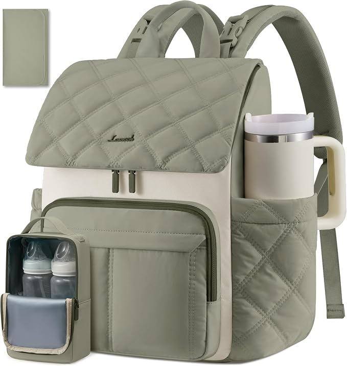 LOVEVOOK Diaper Bag Backpack With Pocket For Large Capacity Cup,Multi-Function Baby Travel Bag For Mom Dad,Waterproof Baby Bag for Boys Girls with Changing Pad,Insulated Bag,Stroller Straps,Green by LOVEVOOK