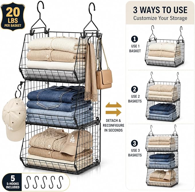 X-cosrack 3-Tier Hanging Closet Organizer, Laundry Room Organization | Space Saving Shelves with 1.65" Hook & 5 S-Hooks | Hanging Wire Baskets (12.4" W x 8.8" H x 10.24-11.8" D) - Image 9