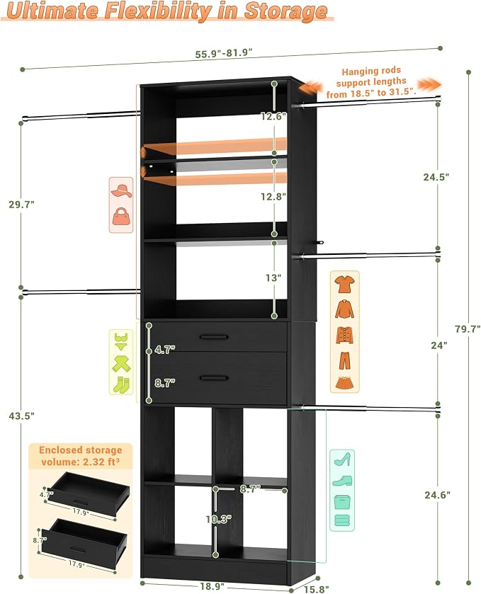 Besiost Small Closet System, 3.2-6.8FT Small Closet Organizer with 5 Hanging Rods, Can Fit 37.5 to 81.9 inch Walk-in Closet System, Built-in, Black, Enclosed Storage Volume 2.32 ft³ - Image 3