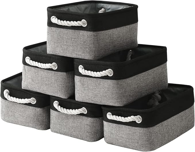 Storage Basket for Organizing - 12x8x5.2 inch Small 6 Pack Collapsible Storage Bin for Shelves with Rope, Fabric Storage Cubes for Cloth Gift Toy Decorative Organizer (Black & Grey) by TheWarmHome