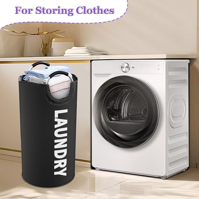 95L Large Laundry Hamper for Adult, Foldable Black Laundry Basket with Soft Handles, Freestanding Dirty Clothes Hampers, Portable Laundry Bin for Flat, Bathroom, Black - Image 3