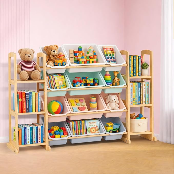 Kids Toy Storage Organizer with Bookshelf – Wooden Shelf with 12 Bins & 6 Shelves, Quick Assembly Storage Rack for Playroom, Bedroom, Nursery – Colorful by KidsToyStorageOrganizer