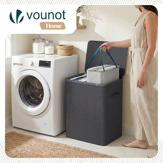 VOUNOT® 150L Laundry Basket with Lid, Rectangular 2 Compartment Laundry Hamper with Removable Bags & Handles, Foldable Laundry Bin for Bedroom, Bathroom, Utility Room, Anthracite - Image 5
