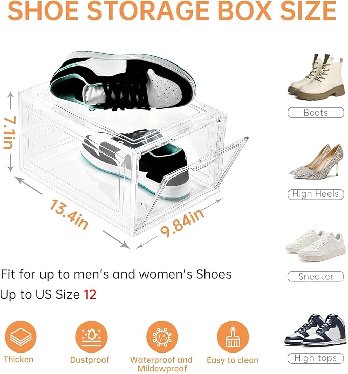 INSTY 6 Pack Large Shoe Storage Box, Clear Shoe Storage Organizer with Magnetic Door, Stackable,Shoe Containers For Display Sneakers, Easy Assembly, Fit up to US Size 12, Clear - Image 2