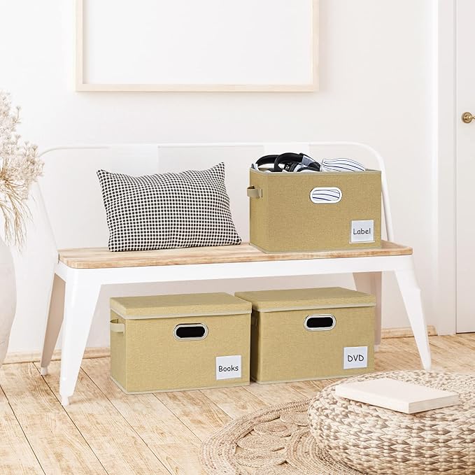 LHZK Large Storage Bins with Lids 6 Pack, Foldable Linen Fabric Storage Boxes with Lids, Sturdy Fabric Storage Bins with Label & 3 Handles for Shelves Bedroom Home Office (Beige, Large) - Image 2