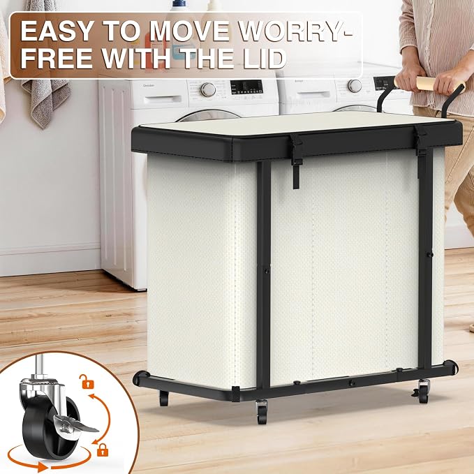 Rolling Laundry Hamper with Wheels,Laundry Hamper 3 Section with Lid Beige | Laundry Basket with Rolling Lockable Wheels and Handle, Laundry Basket Organizer for Laundry Room, Bedroom 60Gal - Image 3