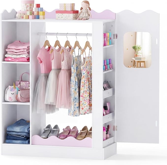 Costzon Kids Dress Up Storage with Mirror, Children Wardrobe Closet with Open Hanging Rack, Shelves and Cabinet, Kids Armoire Costume Organizer for Bedroom, Kids Room, Playroom, Preschool (White) by Costzon