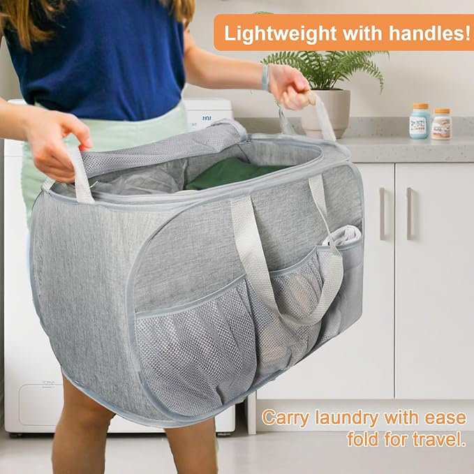 2 Pack Collapsible Laundry Baskets with Lid, Foldable Laundry Basket with Pockets, Pop Up Hamper with Dual Handles, 99L Sturdy Hampers for Clothes, Groceries, Supplies, Tools, Grey - Image 7