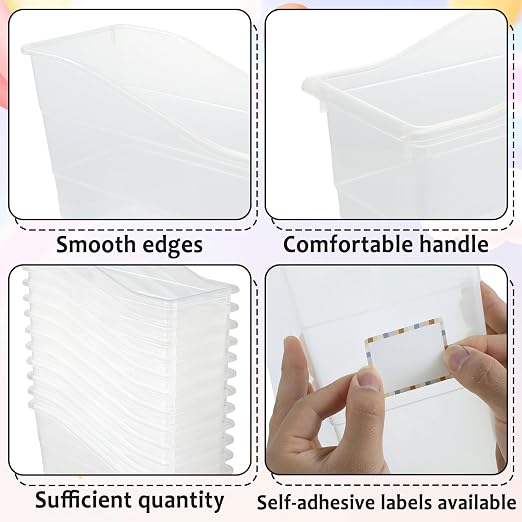 gisgfim 12 Pack Large Book Bins with Labels (Clear) | Durable Plastic,Stackable Magazine Organizer,Storage Bins for Classroom,Library,Office,Bookshelf Categorization - Image 3