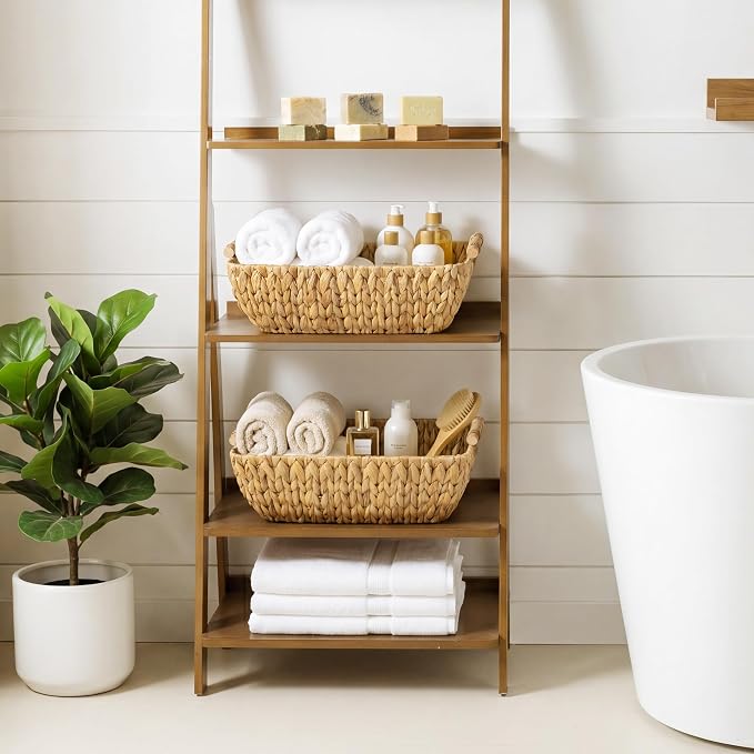 StorageWorks Hand-Woven Storage Baskets with Wooden Handles, Water Hyacinth Wicker Baskets for Organizing, 2 Pack | Wicker Storage Baskets for Shelves, Baskets with Wooden Handles, 2-Pack Gifts Basket for Home Decor, Hand-Woven Basket - Image 2