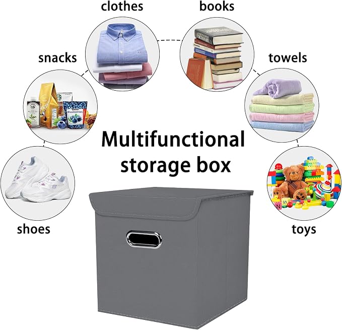 Closet Organizers Fabric Storage Bins With Lids Collapsible Cube Storage Organizer Basket With Handles,Storage Boxes for Clothes Storage,Office,Laundry,Shelves,6 Pack,（Grey - Image 3