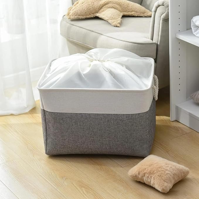 Storage Bins Baskets for Organizing, 20.5L×15.7W×13.8H 3 Pack Sturdy Fabric Storage Basket W/Handles, Decorative Foldable Storage Baskets for Shelves Closet Nursery Toy (White & Grey) - Image 3