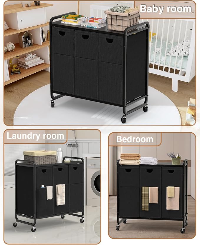 Laundry Sorter 3 Section,Laundry Basket with Wheels,3×15.8 Gal (60L) Black | Laundry Room Organization with Wooden Desktop Shelf,Pull-Out and Removable 900D Oxford Fabric Laundry Bags for Laundry Room - Image 7